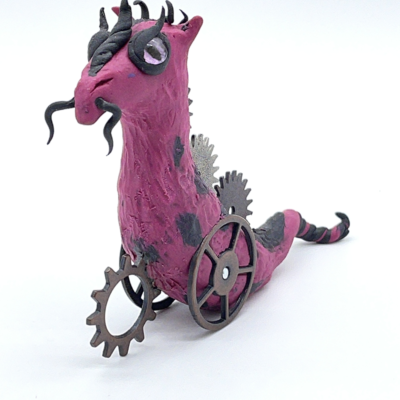 A pink steampunk dragon with black accents.