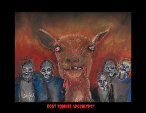 Thirteen images of goats creating mayhem drawn with soft pastels.