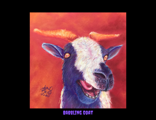 Thirteen images of goats creating mayhem drawn with soft pastels.