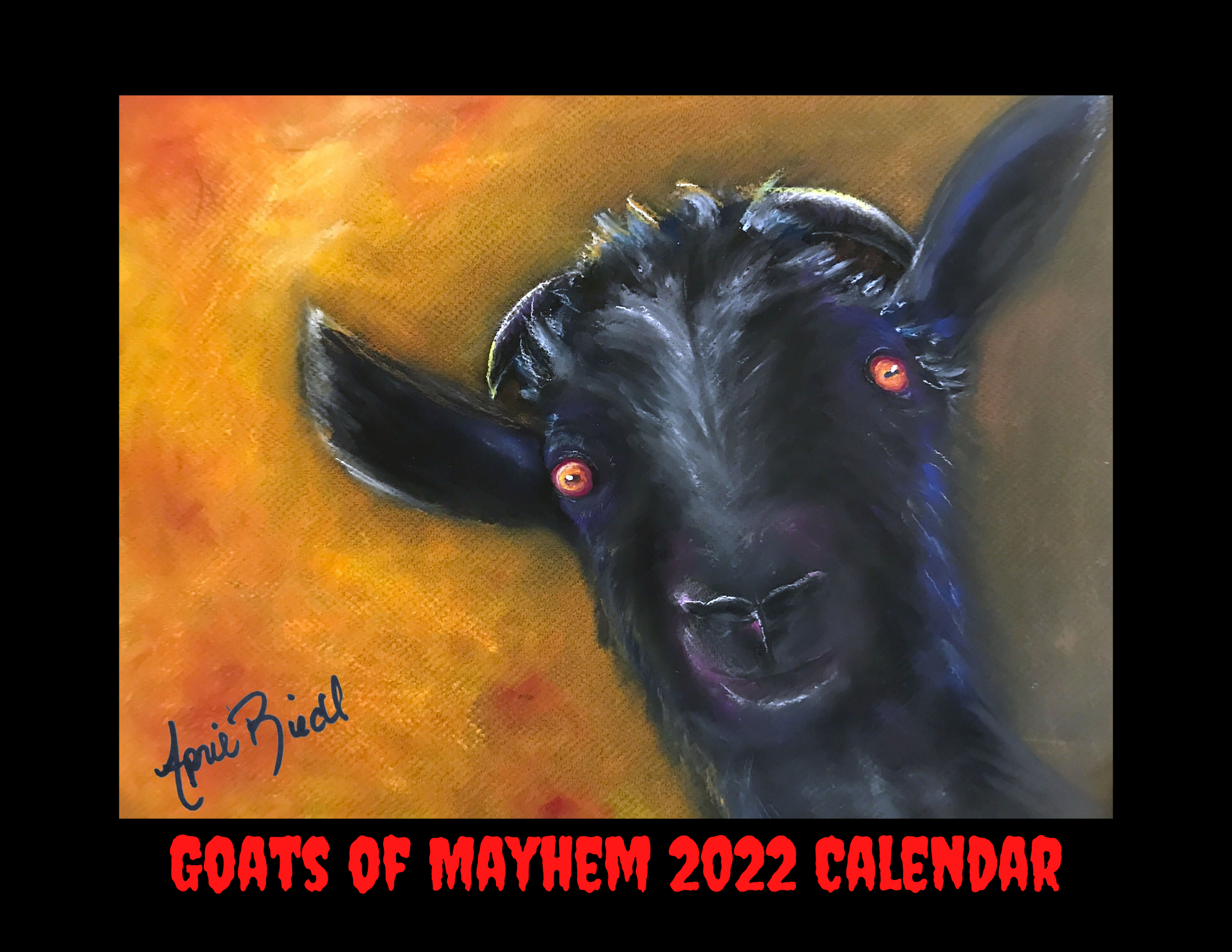 Thirteen images of goats creating mayhem drawn with soft pastels.